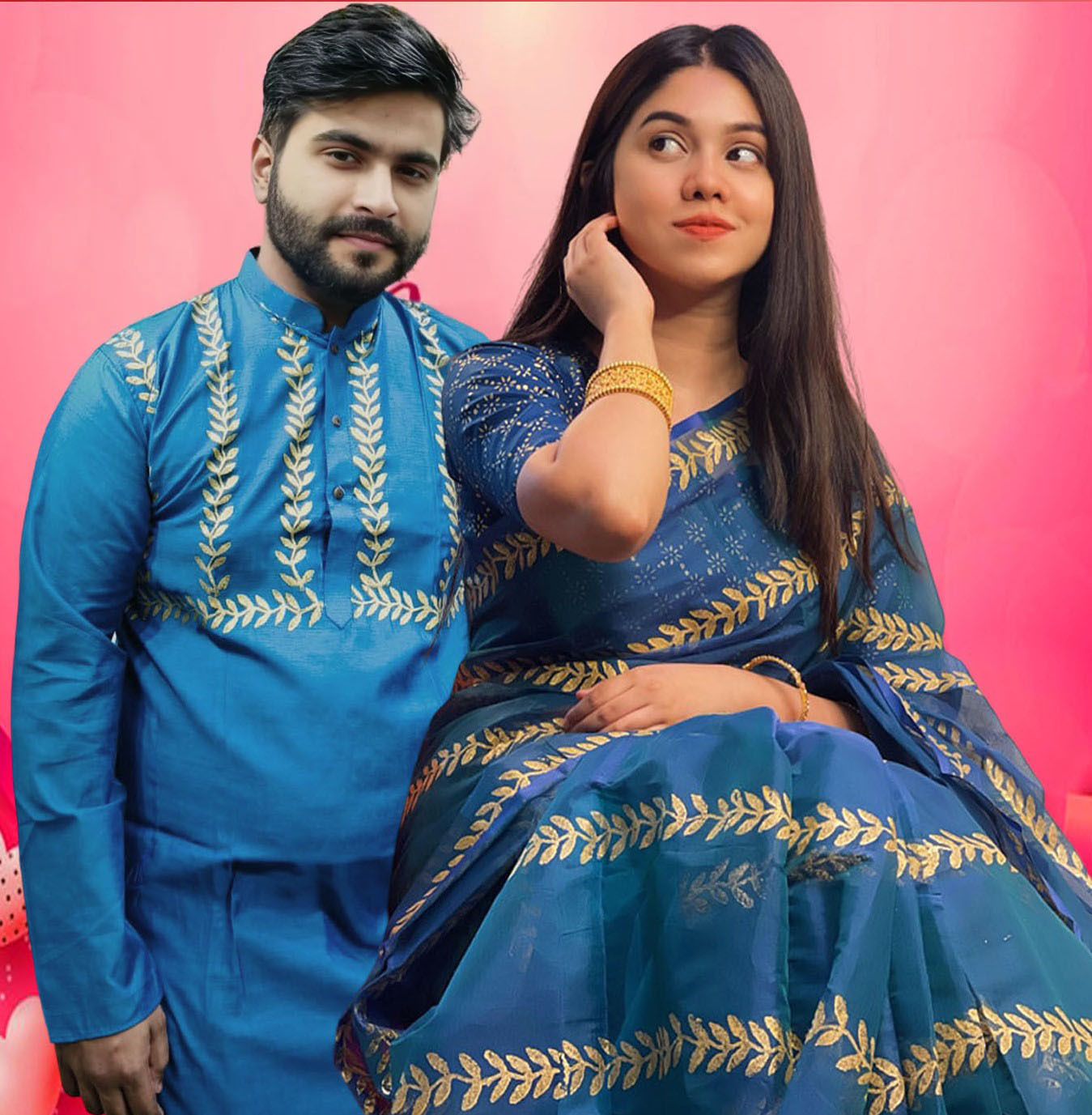 Sharee Panjabi Couple Set – মহাদেবপুর নওগাঁ | Semi Muslin Sharee & Dhupiyan Silk Panjabi